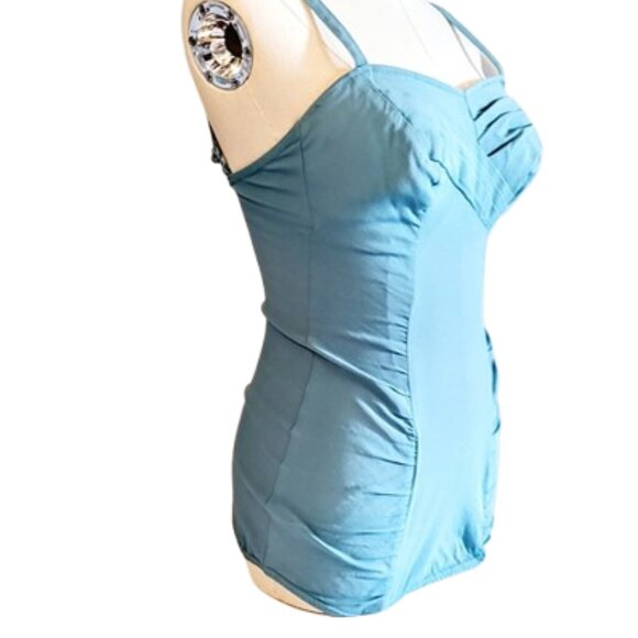 1950s Vintage Blue Skirted One Piece Gathered Fitted Swimsuit Bathing Suit XS - Picture 2 of 9